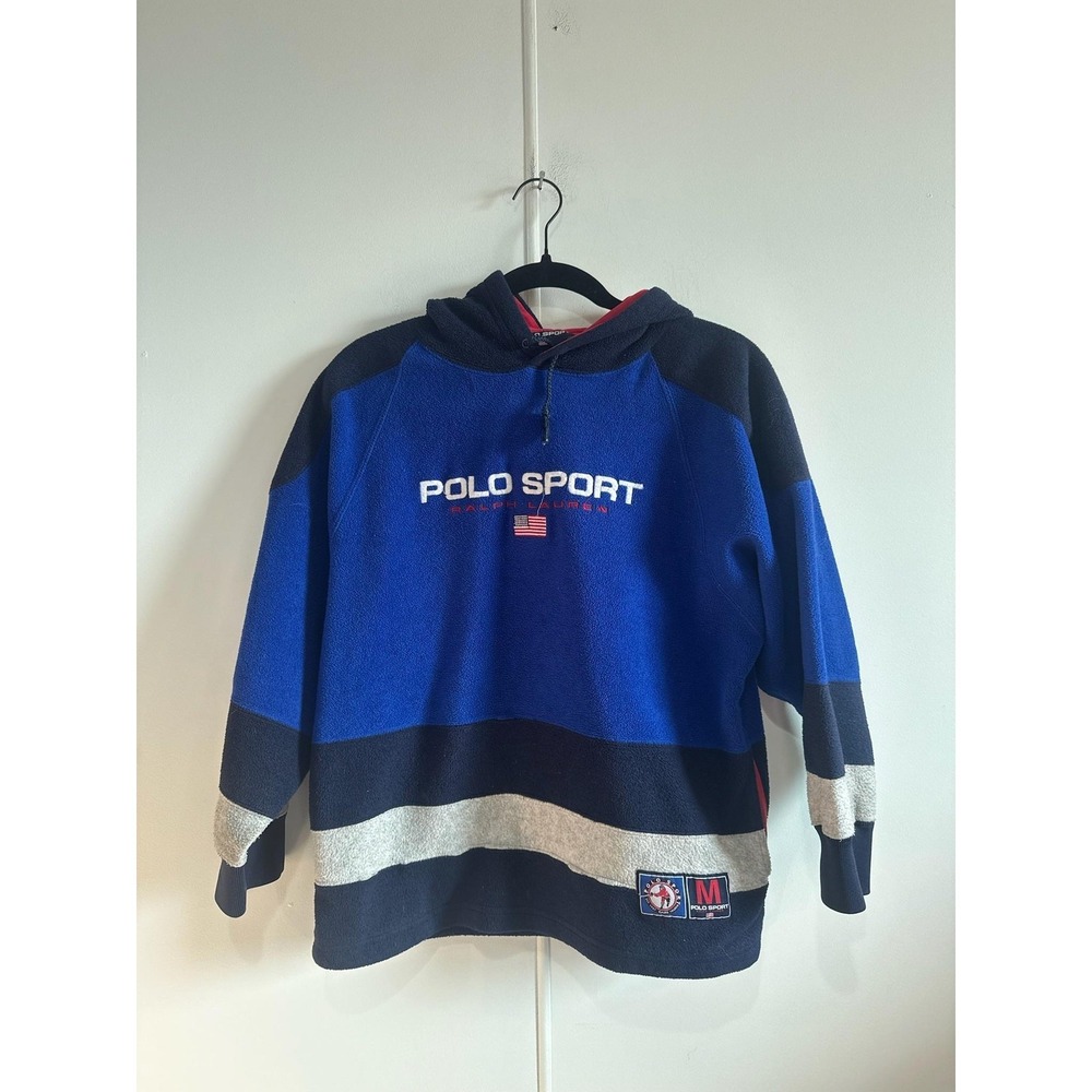 Polo Sport Ralph Lauren‎ Hoodie Women's Medium Blue Fleece Pullover Striped USA